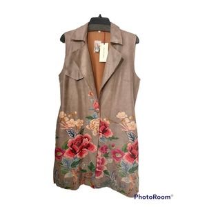 Solitaire Floral Embroidered Sleeveless Jacket - Brown and Red